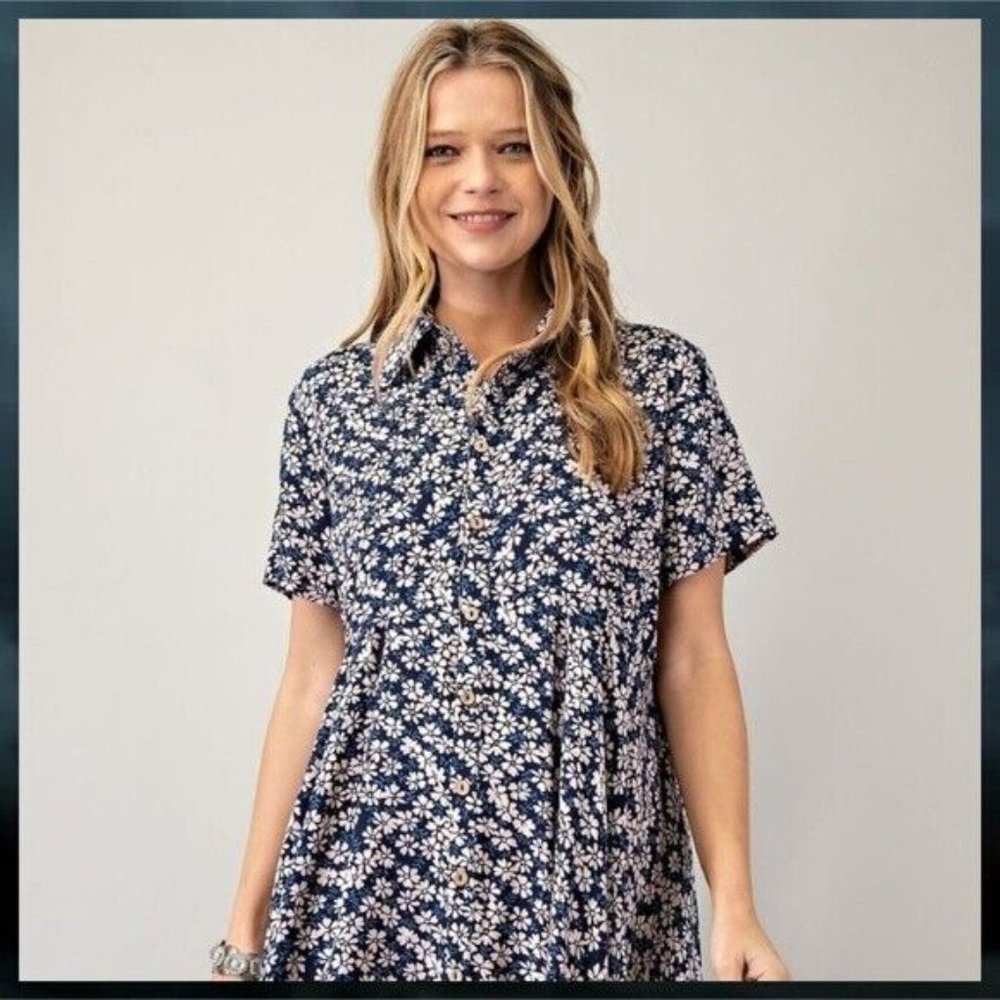 EASEL Lightweight Short Sleeved Collared Button Front Shark Bite Hem Shirt Dress - Picture 13 of 14